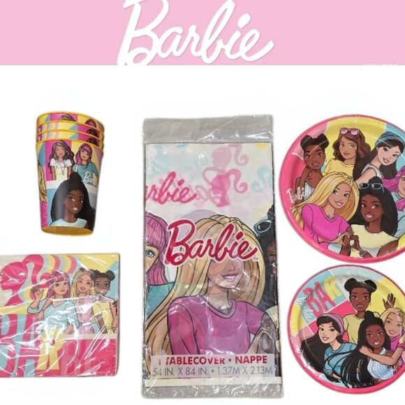Barbie Disposable Tableware Set - Pink and Yellow - Picture 1 of 11
